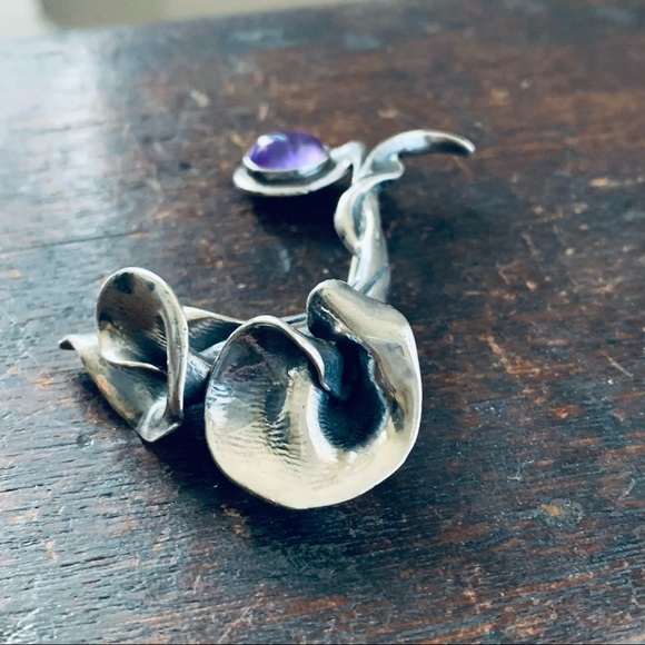 Vintage Sterling Silver Amethyst Calla Lily Floral Pin Brooch - Picture 8 of 13